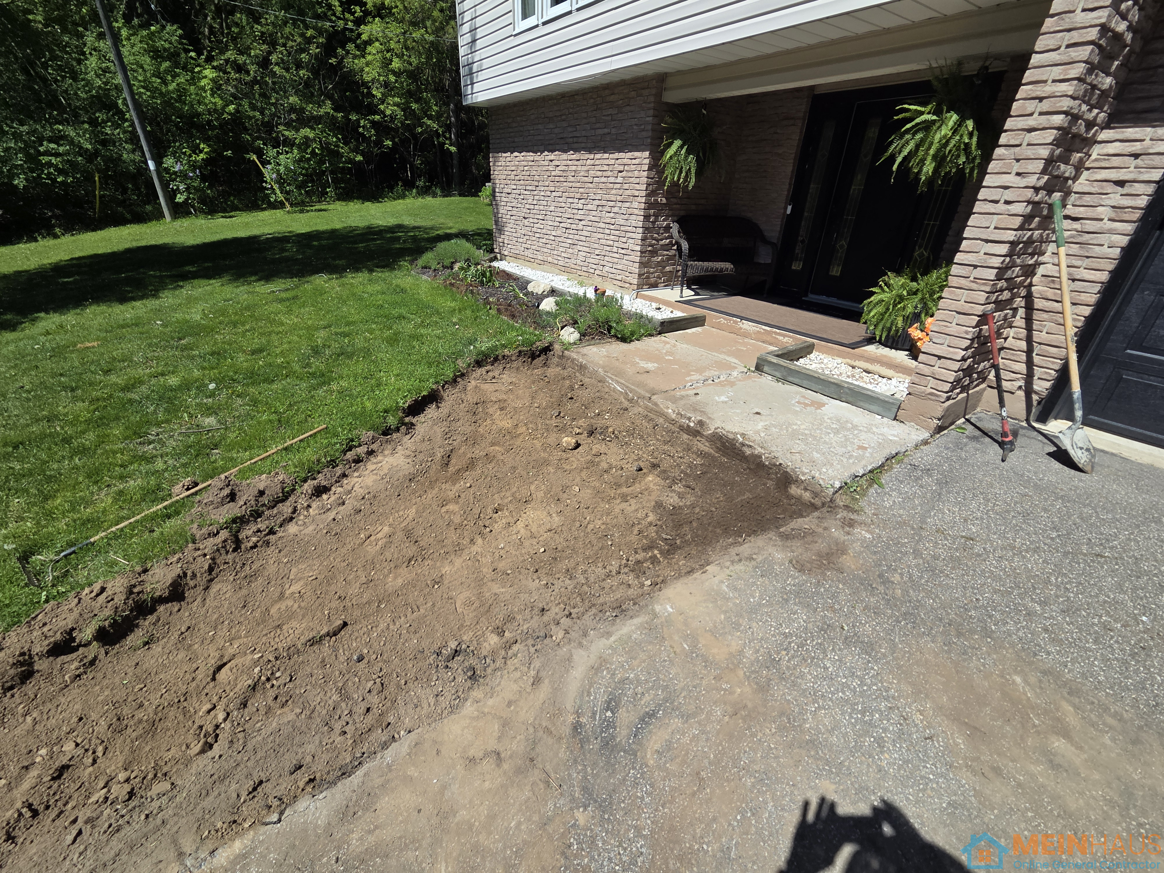 Concrete patio, front step and firepit — before