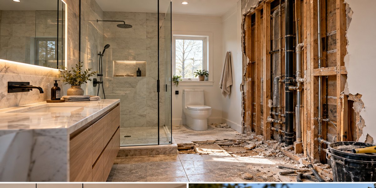 Bathroom showing finished luxury shower beside open-wall demolition conditions