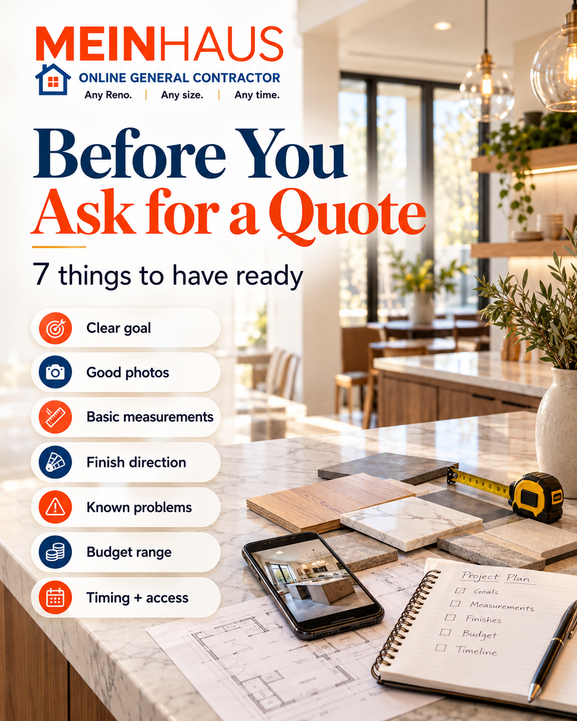 MEINHAUS renovation planning guide showing the seven things to have ready before asking for a quote