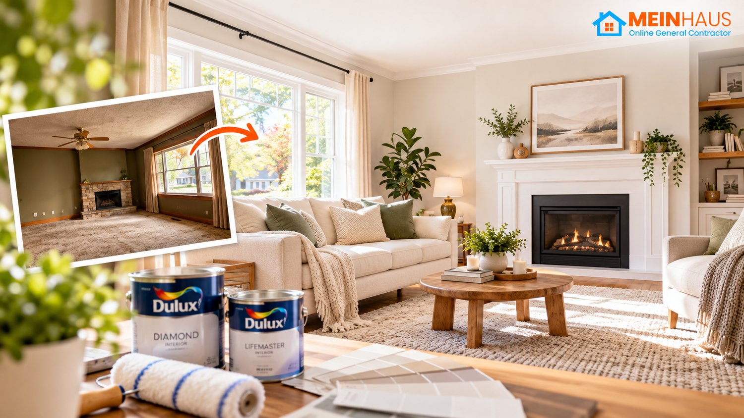 MEINHAUS painting renovation showing Dulux Diamond and Lifemaster products in a renovated living room
