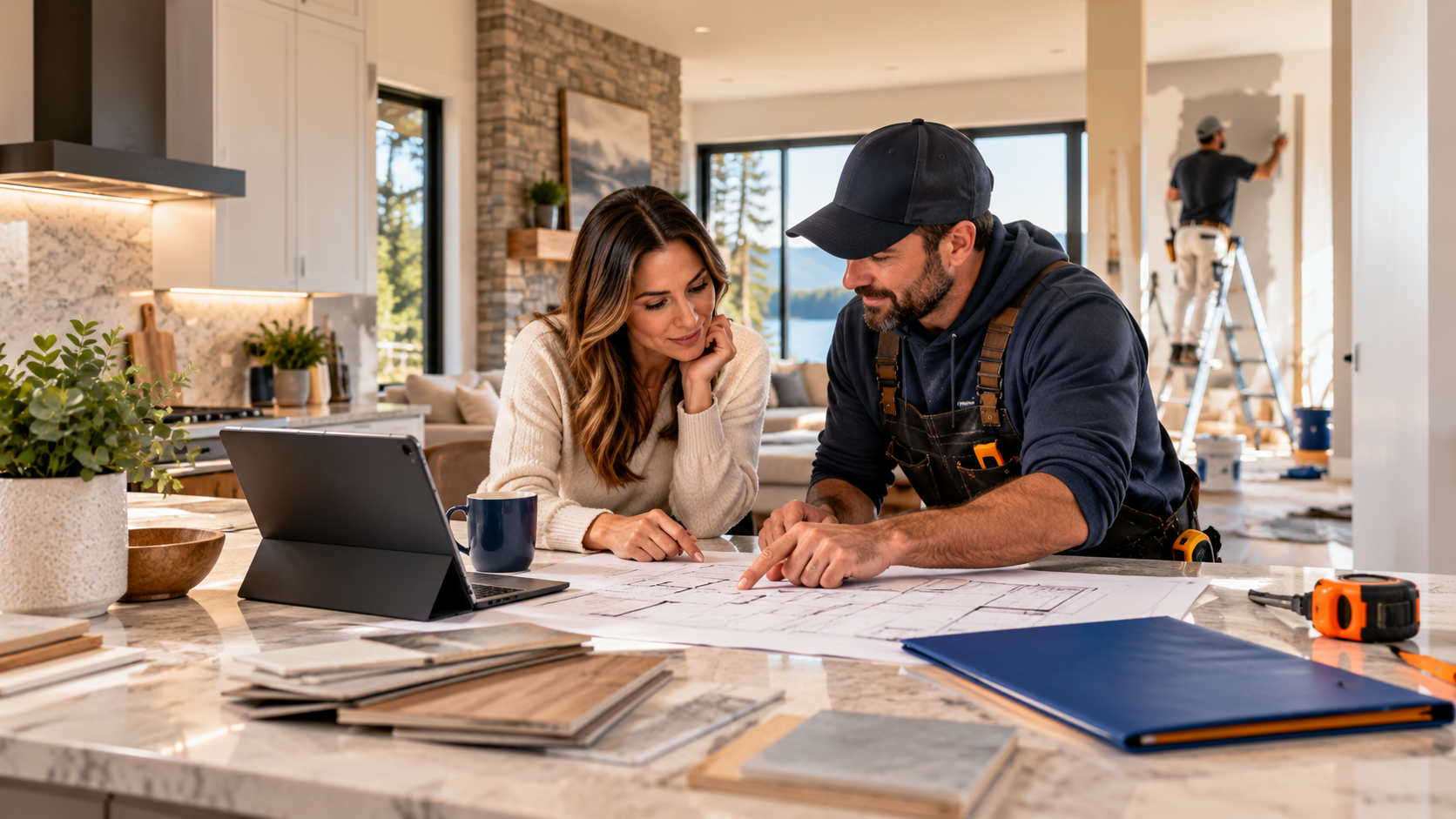 Homeowner and renovation professional reviewing plans and material samples in a bright home while work continues nearby