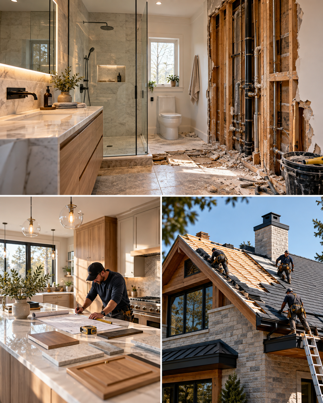 Photorealistic renovation scenes showing bathroom demolition, kitchen planning and roofing work